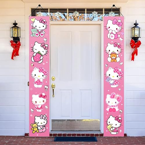 2Pcs Hello Cats Birthday Porch Sign Door Hanging Banner Birthday Party Supplies for Wall Decorations