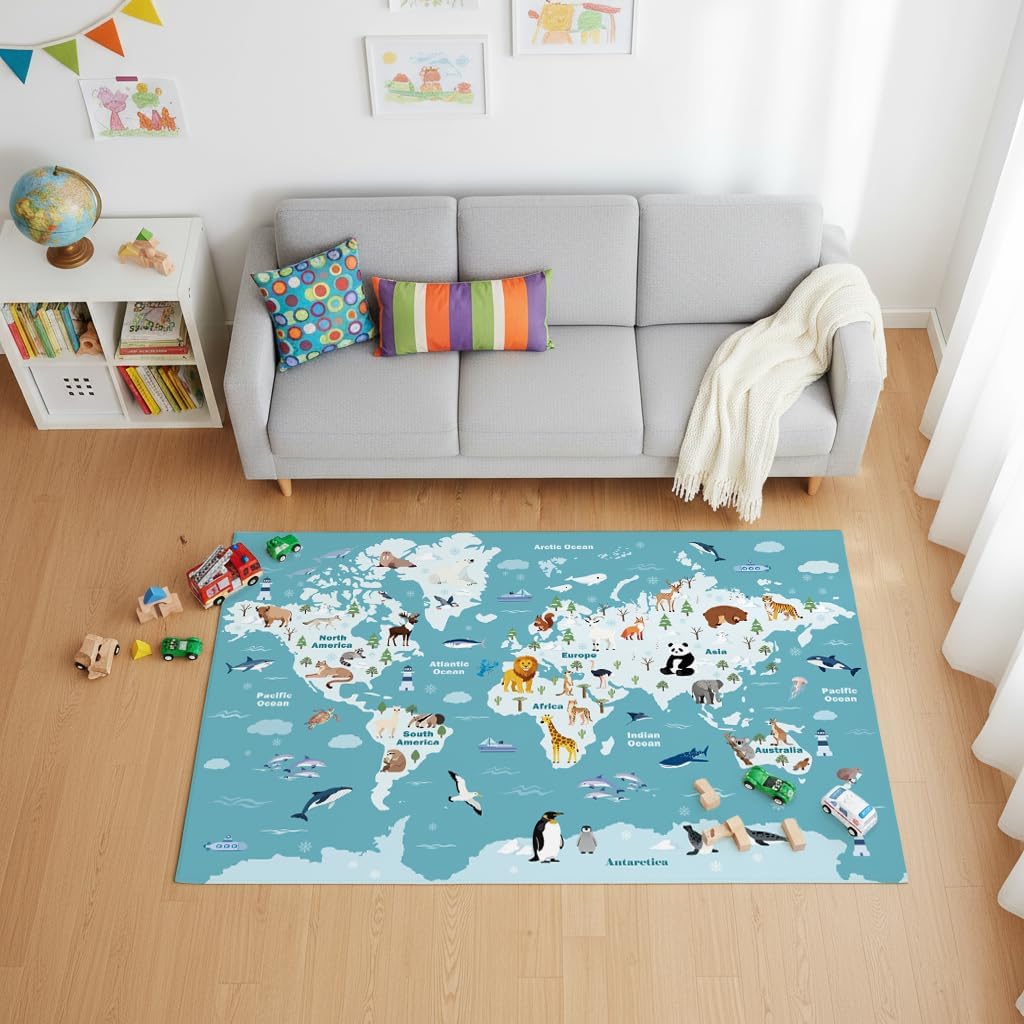 Washable Kids Playroom Rug – 5x7 Play Educational Rug for Preschool Toddlers Baby Girls, Cute Global Wildlife Animals – Non-Slip, Stain Resistant, Soft Safe for Bedroom Classroom - Blue