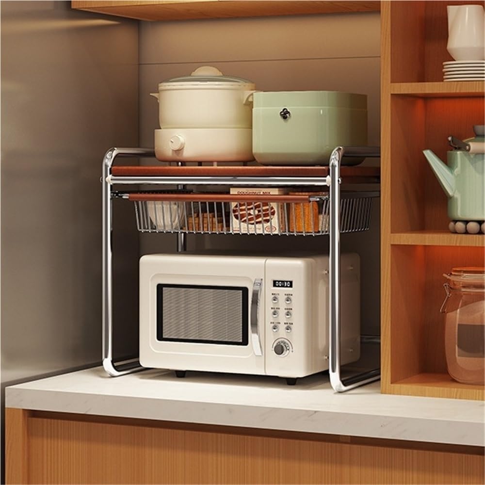 3-Tier Microwave Oven Rack, Kitchen Baker's Stand with Storage, Spice & Tableware Shelves, Carbon Steel Mesh Basket for Countertop & Office Use