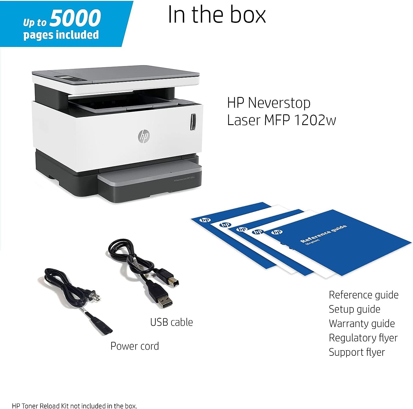 Contents of the HP Neverstop Laser MFP 1202w printer box, including the printer, power cord, USB cable, and various guides.