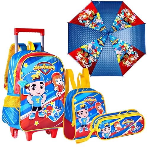 Kit Mochila de Rodinha Lancheira Estojo e Guarda Chuva Os Aventureiros Clio Infantil Escolar