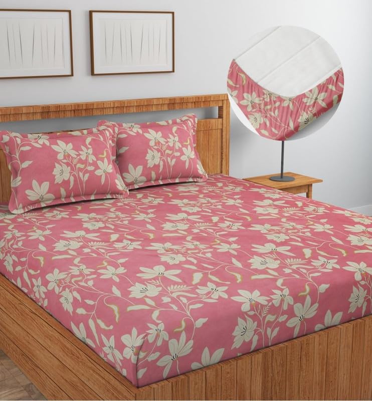 Image of Premium Cotton Fitted Bedsheet King Size 78 x 72 x 8 Inches with 2 Pillow Covers | 220 TC | All-Around Elastic Deep Pocket Bed Cover | Coral Pink Ivory Floral