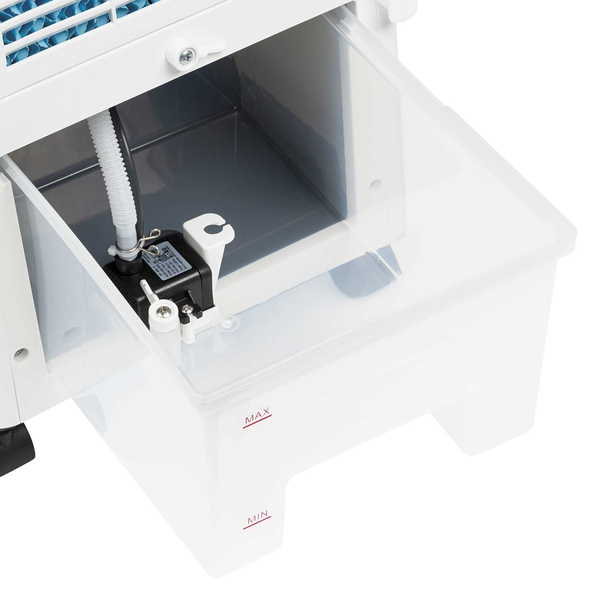 JATA JVAC2003 - Climatizador Portátil, purificador y humidificador. Enfriador de aire. Evaporativo. 3 velocidades. 6 L. Acumuladores para hielo. Silencioso Blanco