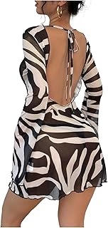 Women's Zebra Striped Backless Mesh Sheer Mini Dress Long Bell Sleeve Y2k Dresses - Buy now