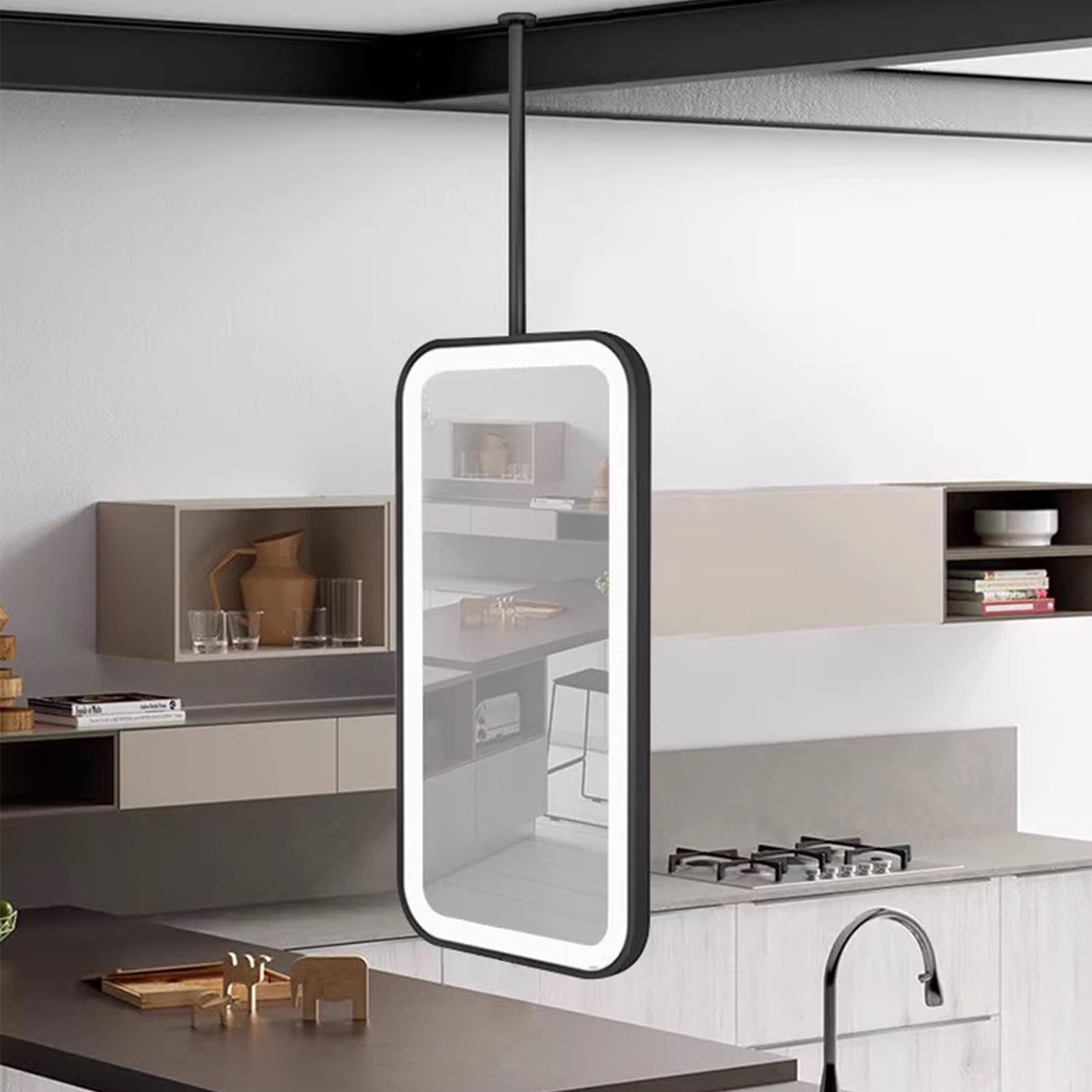 FGXHHS Black Metal Ceiling Hanging Mirror，LED s with Rod HD Mirror，Modern Decorative Suspended 3 Colors Dimmable，Customizable(50cmx70cm)