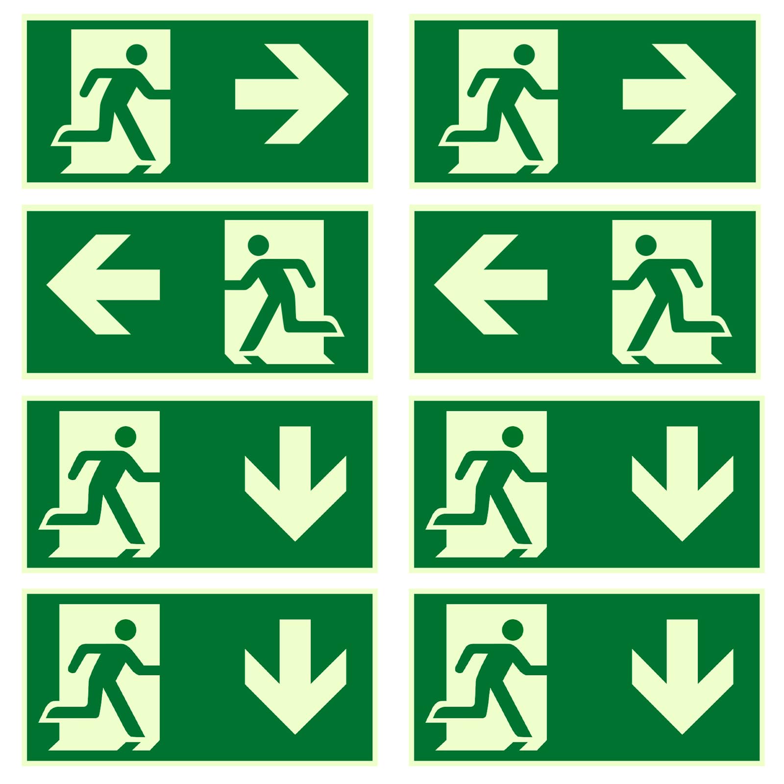 8 Pieces Fire Exit Signs Self Adhesive (Left, Right, Down Arrow), 300 x 200mm Glow in Dark Fire Escape Sign Vinyl Sticker, Emergency Escape Signage for Door Notice (8 Pieces)