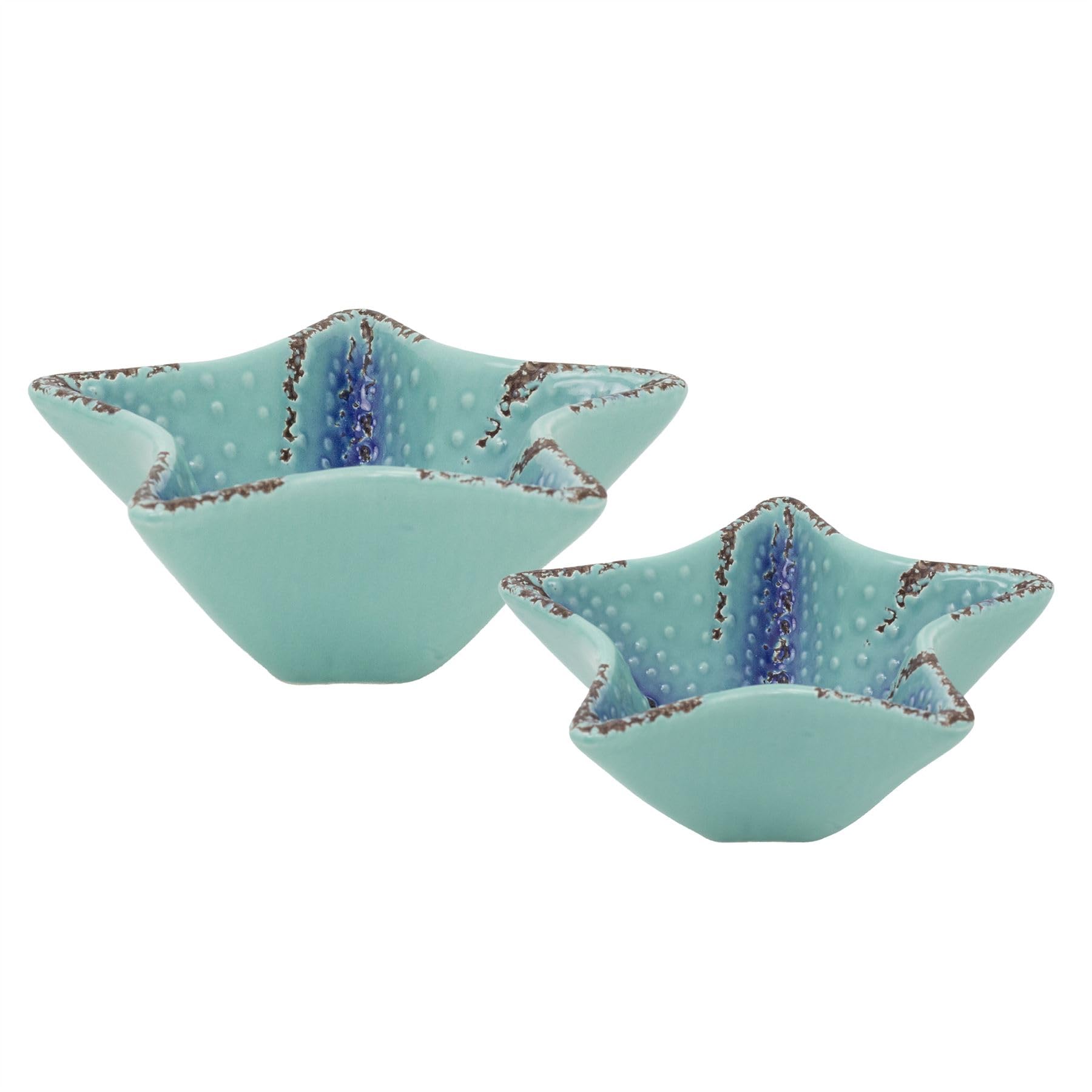Carousel Home Ceramic Starfish Trinket Bowl Set, 15cm and 20cm Nautical Jewellery Dishes, Blue Turquoise Glaze Coastal Ornaments