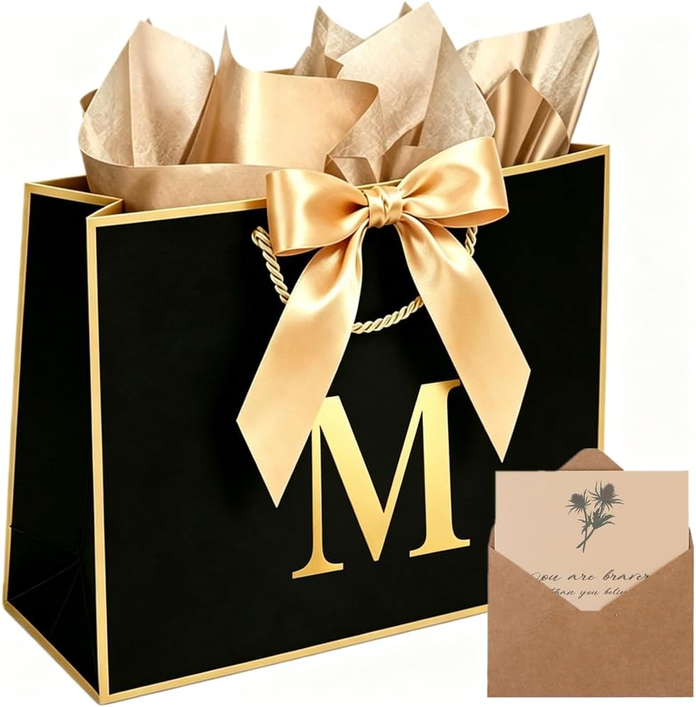 Topaliving Personalized Gift Bag with Card and Tissue Paper, 26 Letters Birthday Gift Bag 13'' Custom Valentines Weddings Present with Initials/Numbers for Women Men Kids(Black-gold,M)