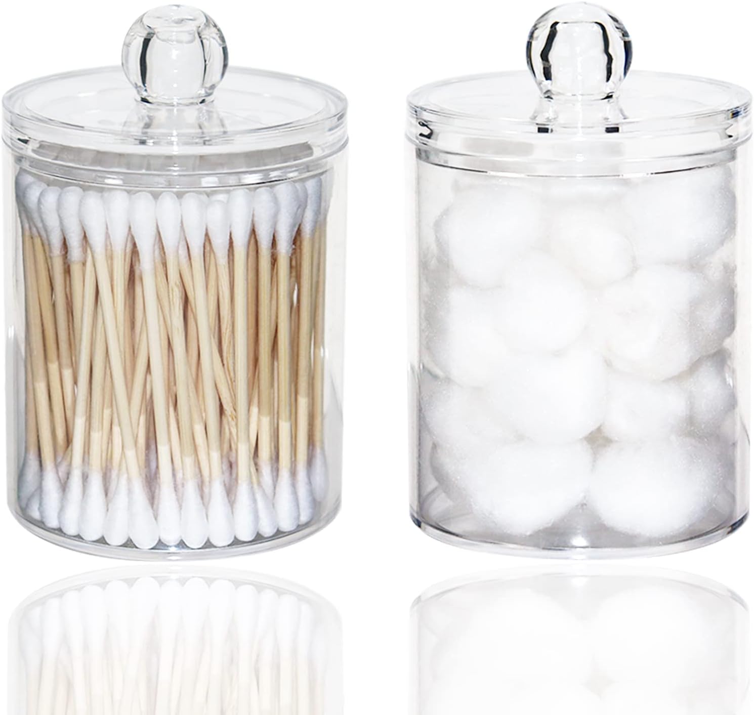 Qihomy 10-Ounce Qtip Holder Dispenser for Cotton Balls, Cotton Swabs, Cotton round pads, Clear Plastic Apothecary Jar Set for Bathroom Canister Storage Organization, Dresser Organizer (2 Pack)