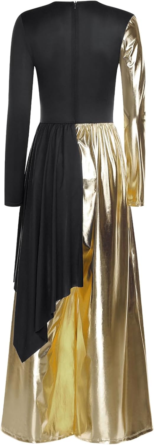 XUNZOO Praise Liturgical Dance Costume for Women Metallic Gold Round Neck Worship Overlay Jumpsuit Loose Pants