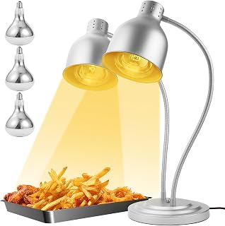 VORIGY Commercial Food Heat Lamp with Flexible Arms, 3x250W Bulbs 5000+ Hours, Silver Dual Head Warmer for Buffets Parties