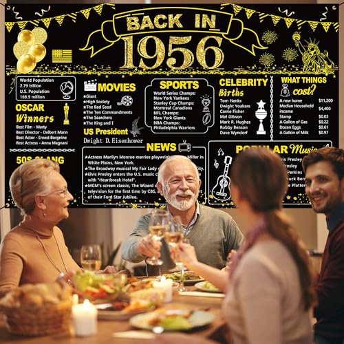 Image of DARUNAXY 70th Birthday Black Gold Party Decoration, Back in 1956 Banner 70 Year Old Birthday Party Poster Supplies Vintage 1956 Backdrop Photography Background for Men & Women 70th Class Reunion Decor