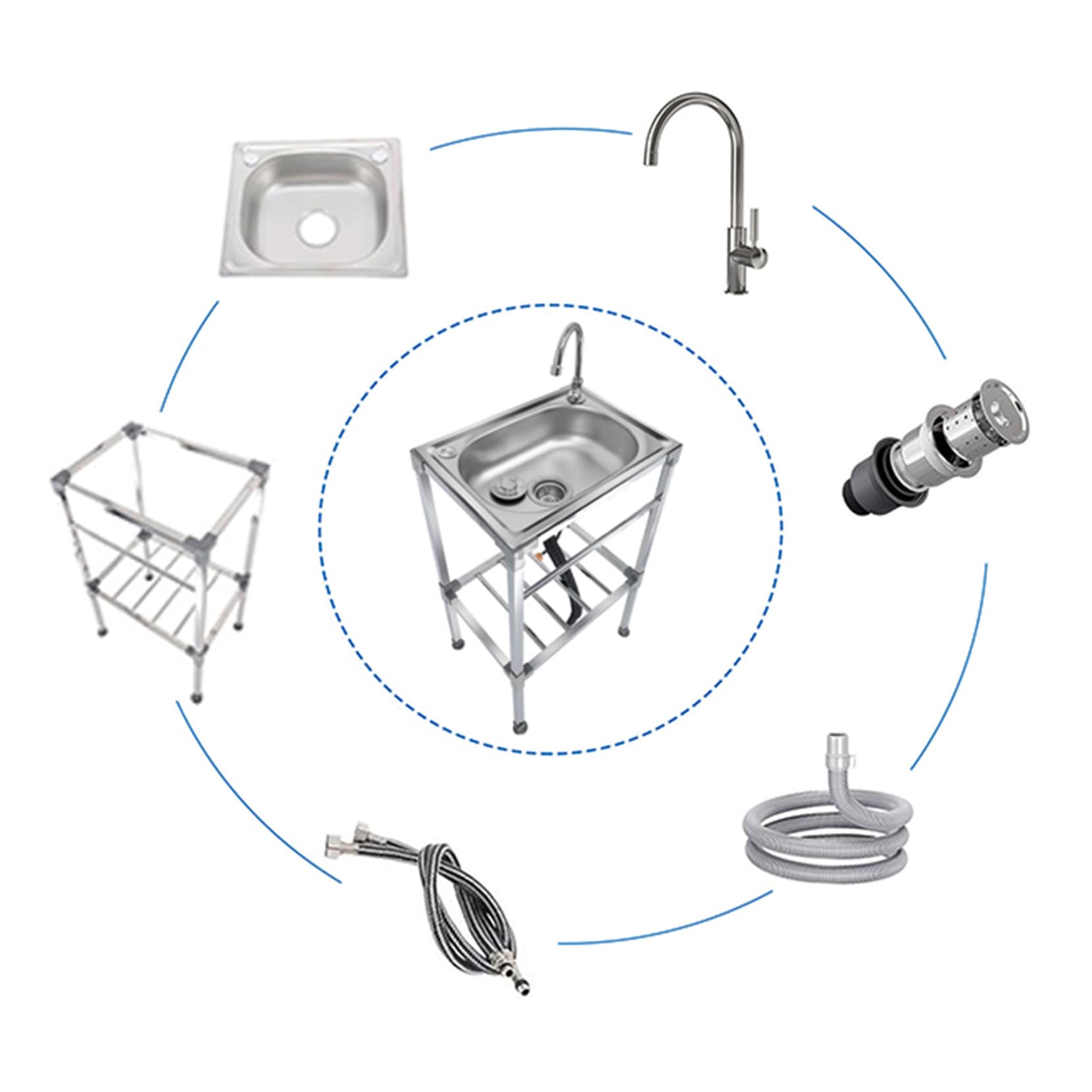 Lavandini autoportanti in acciaio inox Lavello Da Cucina 1 Vasca Interno | e Esterno Lavandino Commerciale con Supporto e Rubinetto,per Lavanderia/Ristorante/Campeggio/Giardino/Garage,Facile Da Pulire