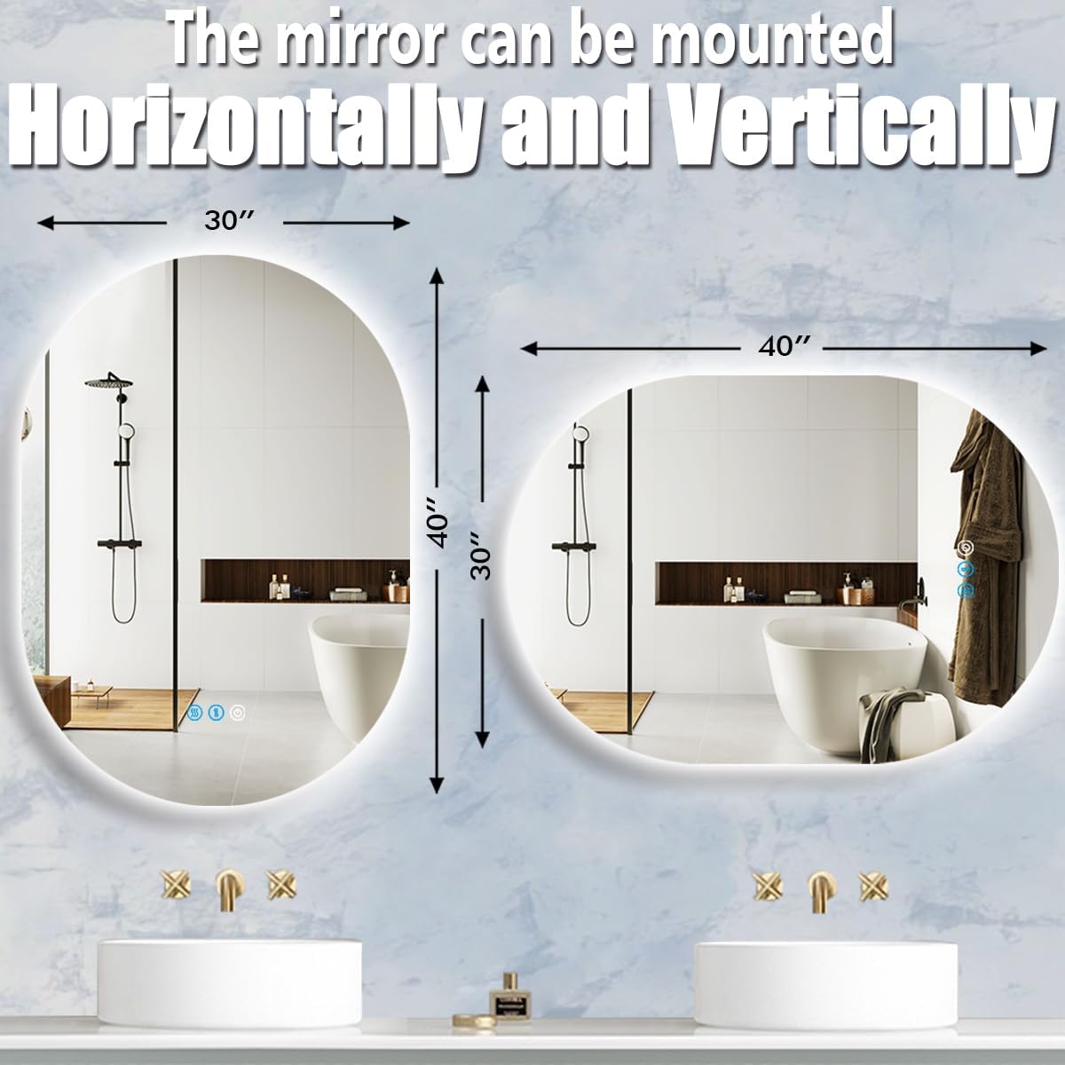 40 x 30 Inch Oval LED Backlit Mirror for Bathroom Salon Wall Horizontal/Vertical Mounted Antifog Smart Memory 3 Color 40 Inch Backlit Frameless LED Oval Lighted Vanity Mirror with Lights