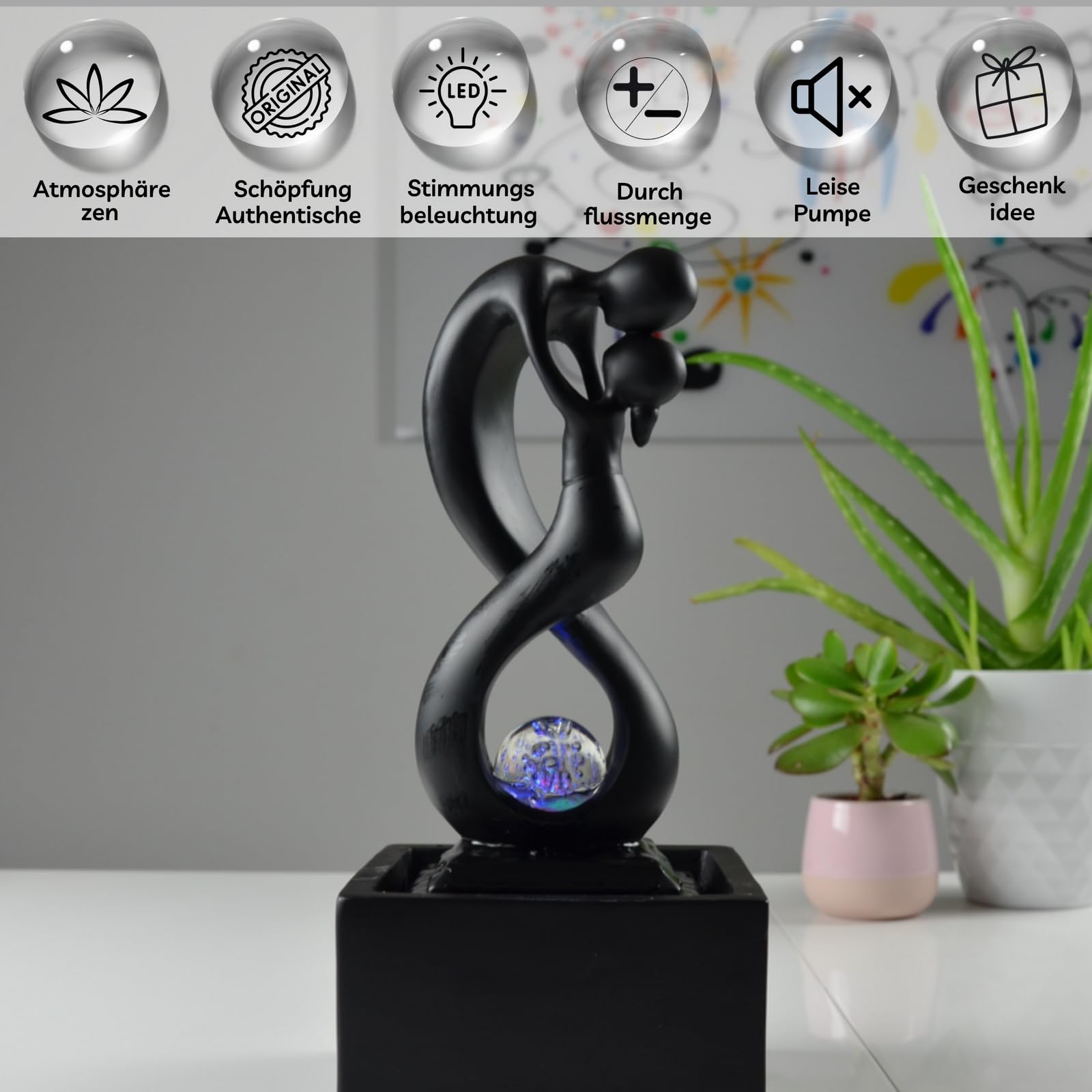 Zen'Light - Moderner Zimmerbrunnen Amor Schwarz mit Farbigem LED-Licht - Abnehmbare Skulptur - Zeitgenössische Innendekoration - Geschlossener Kreislauf mit Rotierender Kugel - 31x14x14cm