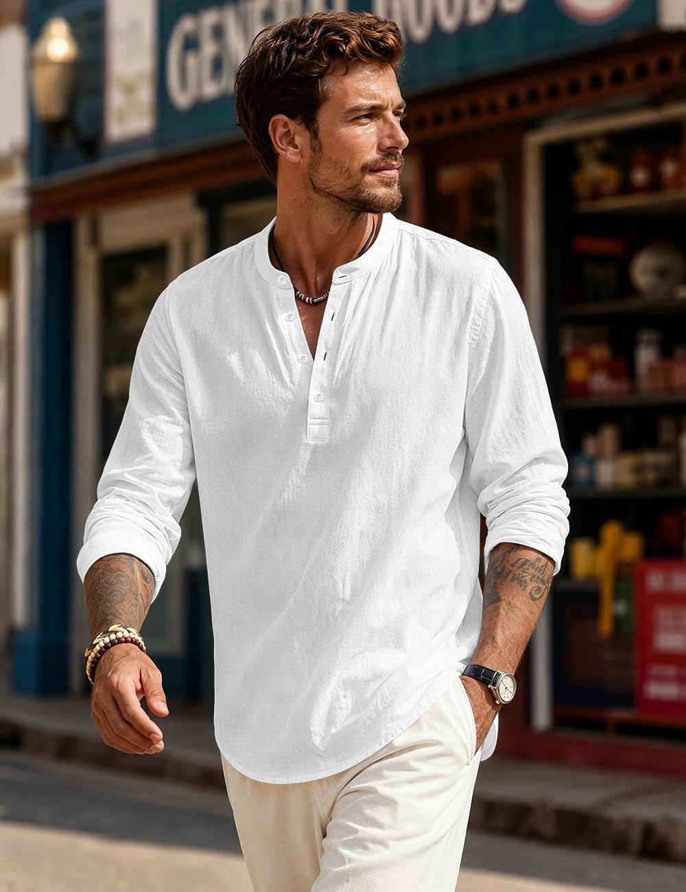 Men's Linen Shirts Henley T-Shirts Long Sleeve Casual Beach T-Shirts Solid Tops Shirts for Men