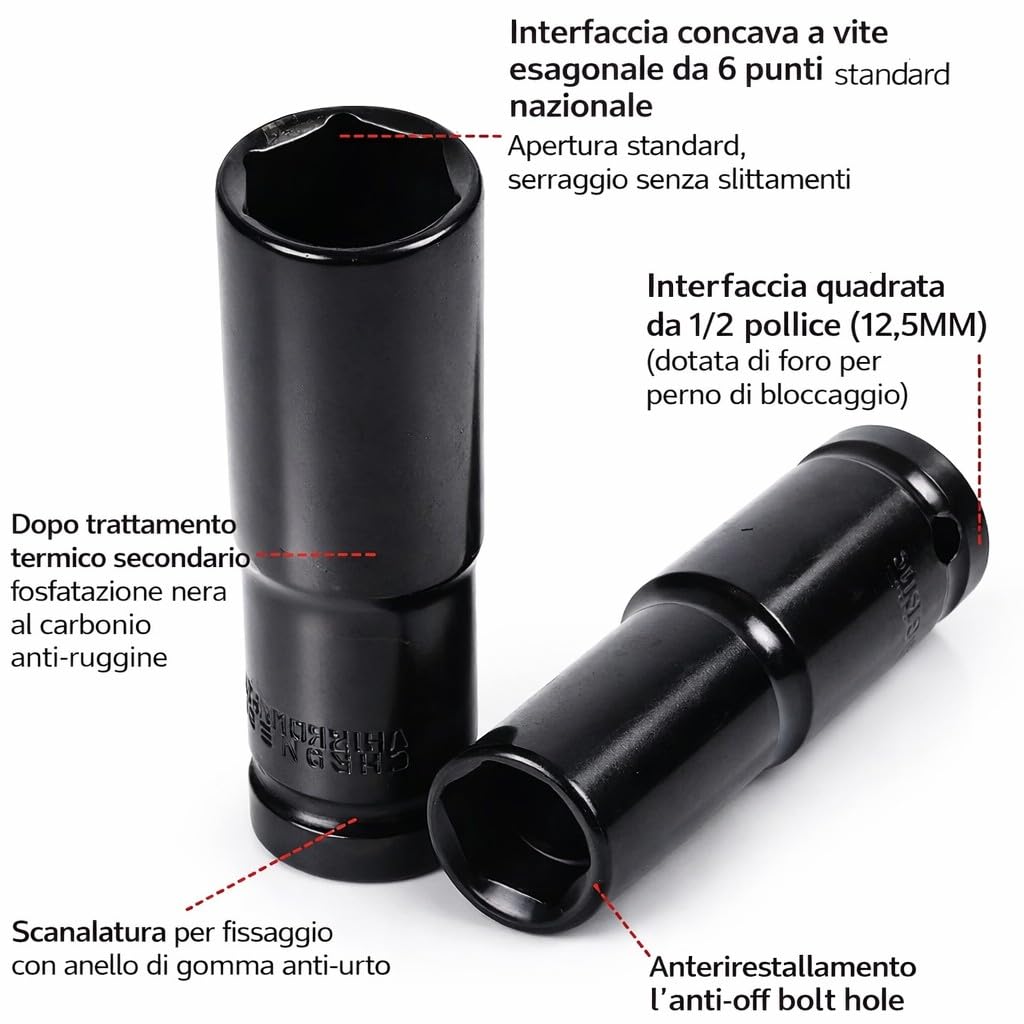 Set 20PZ Bussole ad impatto Esagonali con Attacco da 1/2" Prolungate 80mm Acciaio Rinforzato 8-32 mm Kit Professionale per Avvitatore Cricchetto Officina Auto Moto Fai da Te