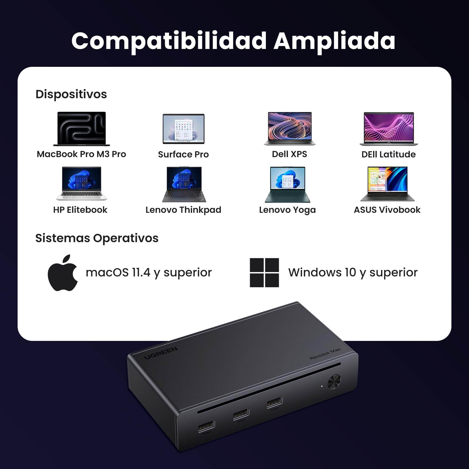 UGREEN Revodok MAX 208 Docking Station USB C Thunderbolt 4 Doble Pantalla | 8 en 1, 3 TBT4, 40Gbps, Único 8K30Hz, Doble 4K60Hz, Múltiples USB 3.2 10Gbps, Ethernet Gigabit, Carga 85 W, Entrada DC 140 W