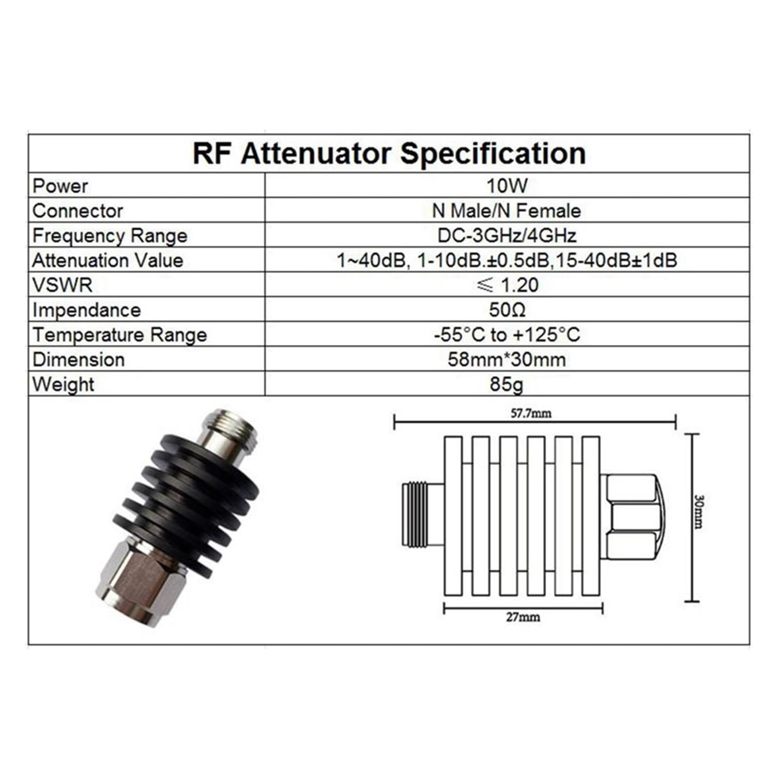 Attenuatore 10W Attenuatore Tipo N DC-3Ghz/4Ghz 1/2/3/5/6/10/15/20/30db/40db N Maschio a Femmina Potenza coassiale RF Maschio a J Femmina 50ohm(4G,50db)