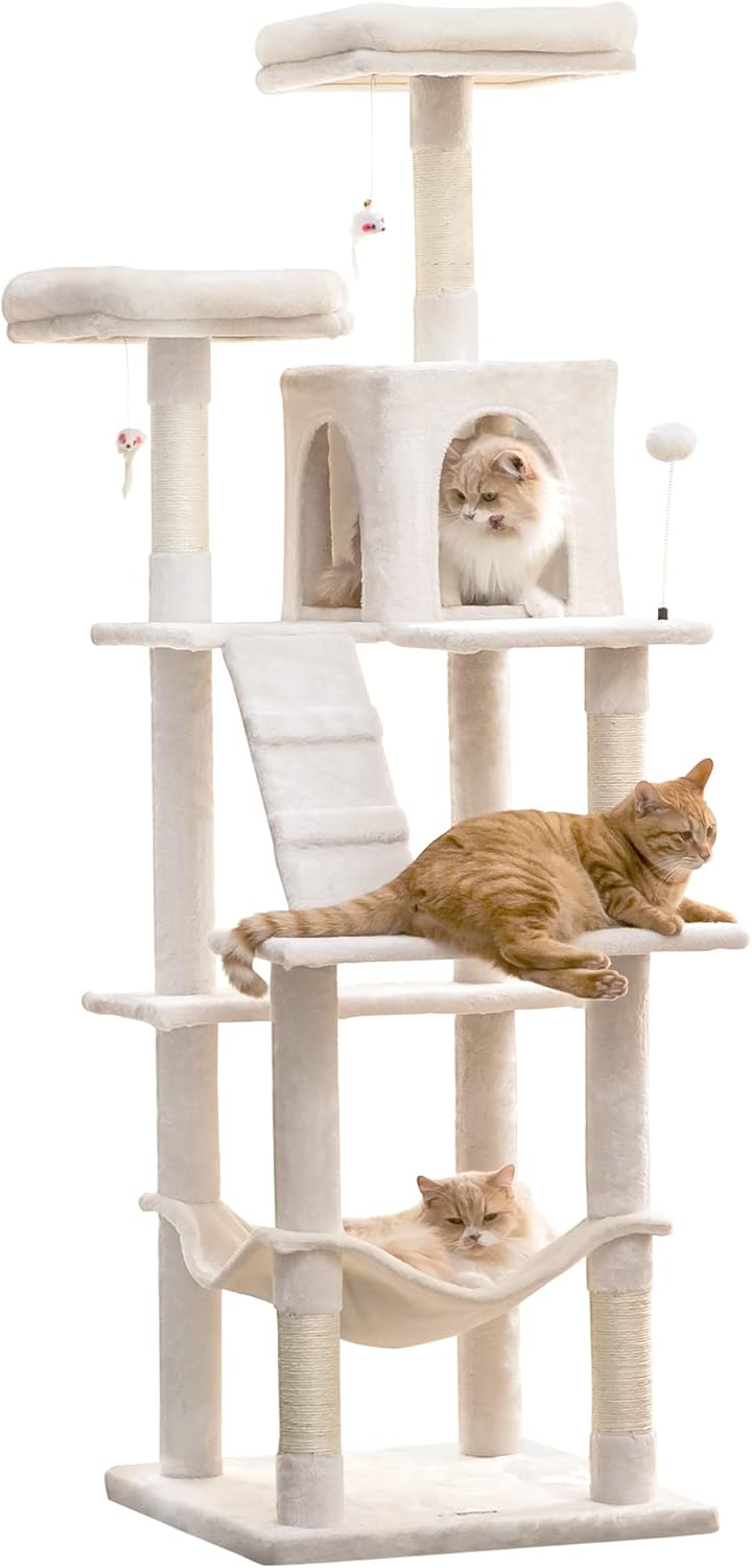 Product image of MWPO 70.1-Inch Large Cat Tree, Multi-Level Tall Cat Tower for Indoor Cats, Plush Cat Condo with Big Padded Perches, Sisal-Covered Scratching Posts, Hammock, Toys for Kittens & Cats - Beige