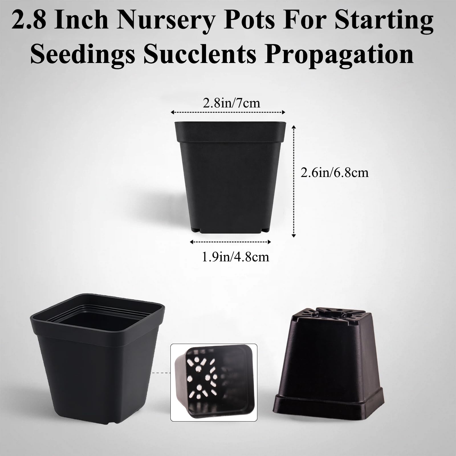 Lot de 300 pots de fleurs carrés en plastique avec trous de drainage, 7,1 cm, noir