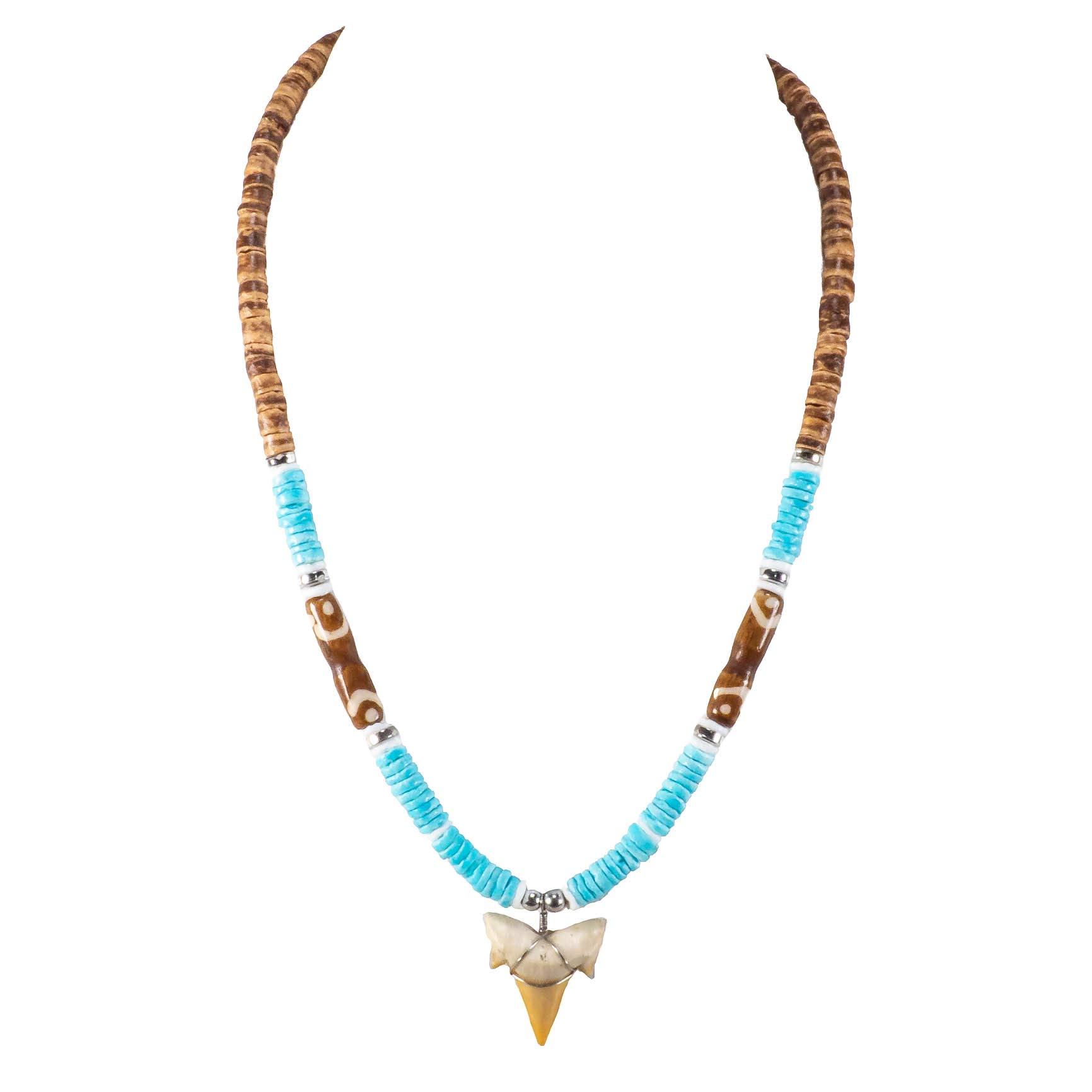 BlueRica Fossil Shark Tooth on Coconut Shell Beads Necklace (18" 1S)