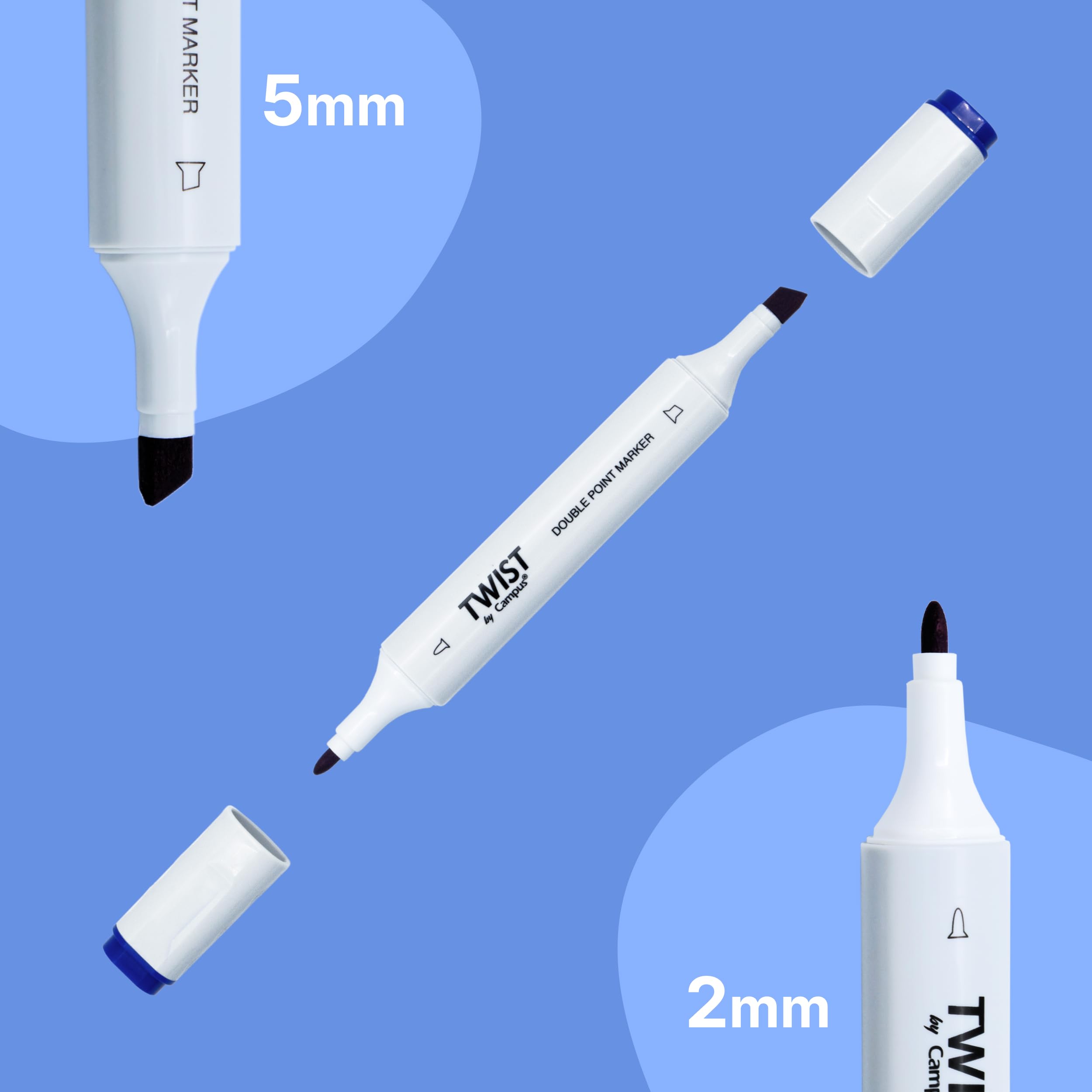 Campus Markery z podwójną końcówką Twist, markery do alkoholu, markery z okrągłą końcówką 2 mm i fazowane 5 mm, trwałe markery do wszystkich powierzchni, łącznie z walizką z uchwytem (60 kolorów)