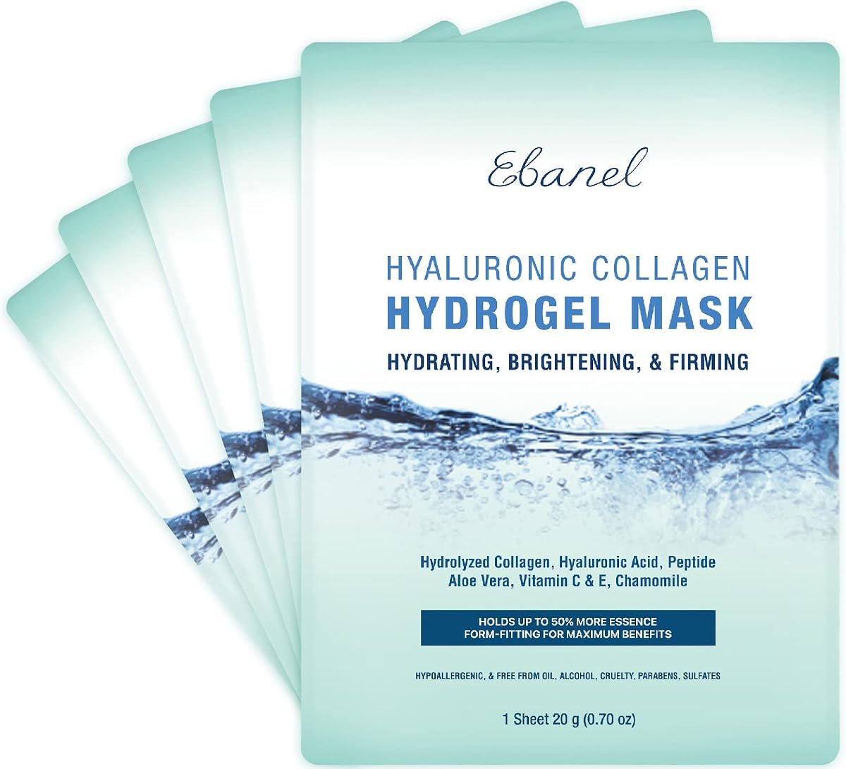 Ebanel 5-Pack Hydrogel Collagen Face Mask with Hyaluronic Acid, Peptide | Instant Hydrating Brightening Face Masks Skincare Korean Sheet Mask, Skin Firming, Lifting Anti Aging Masks