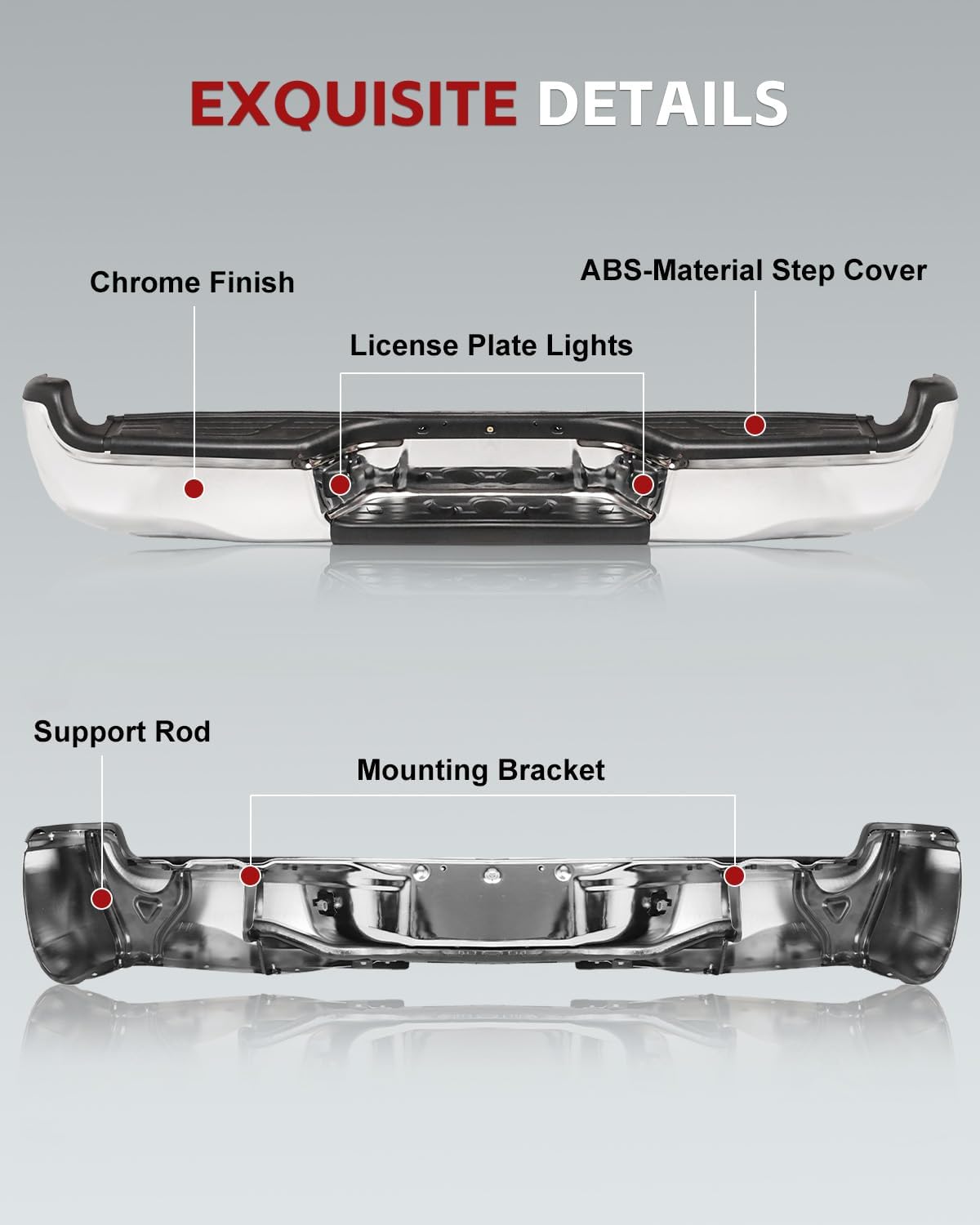 Rear Bumper Designed for 2005-2015 Toyo-ta Tacoma, with [Pads Brackets & License Plate Lights] Step Bumper, [End Bracket & Center Top Pad] Back Assembly Replace Part# TO1103113, Steel Chrome