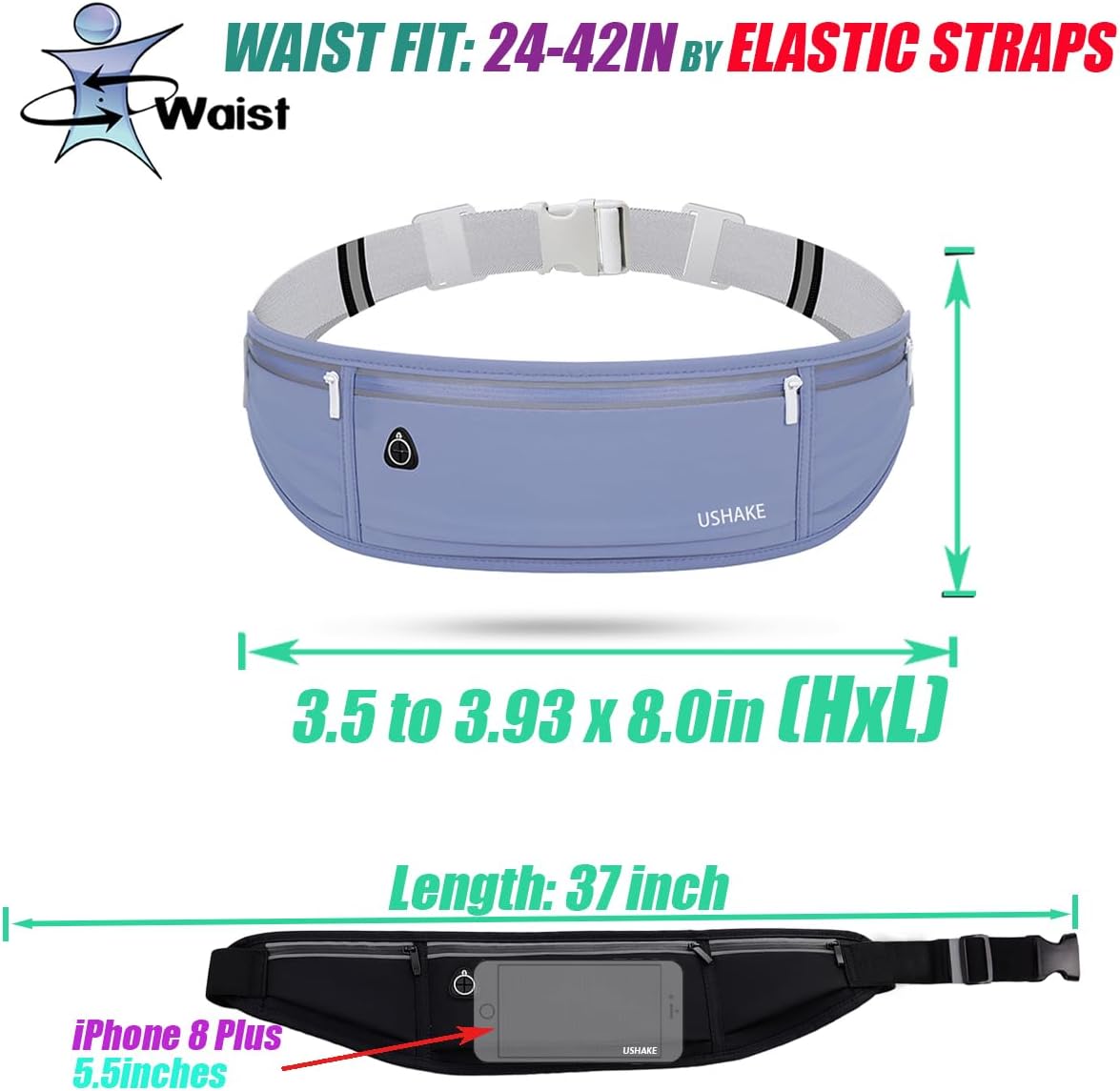 USHAKE Slim Running Belt, Workout Fanny Pack for Men Women,Exercise Waist Pack for Apple iPhone Holder, Runner Belt for Running Walking Cycling Camping Gym Dark Blue - Image 4
