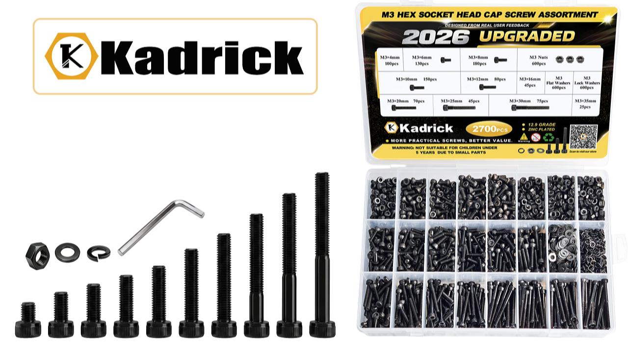 Image of Kadrick M3 Screws Kit 2700PCS (900 Screws), Full Kit with Nuts, Washers & Hex Wrench, Optimized Size Distribution, Class 12.9, Black Zinc Plated M3 Bolts for 3D Printing, DIY, RC & Robotics
