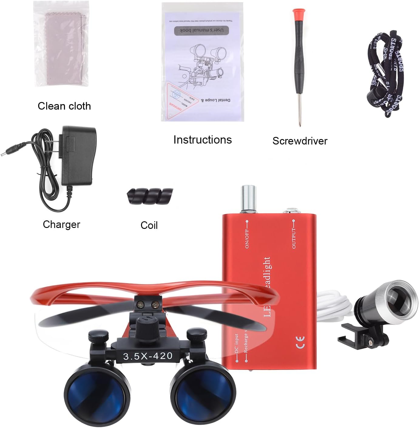 Lab Magnifier 3.5X 420MM Binocular Loupes Black Len Cone with LED Headlight HeadLamp (Red)