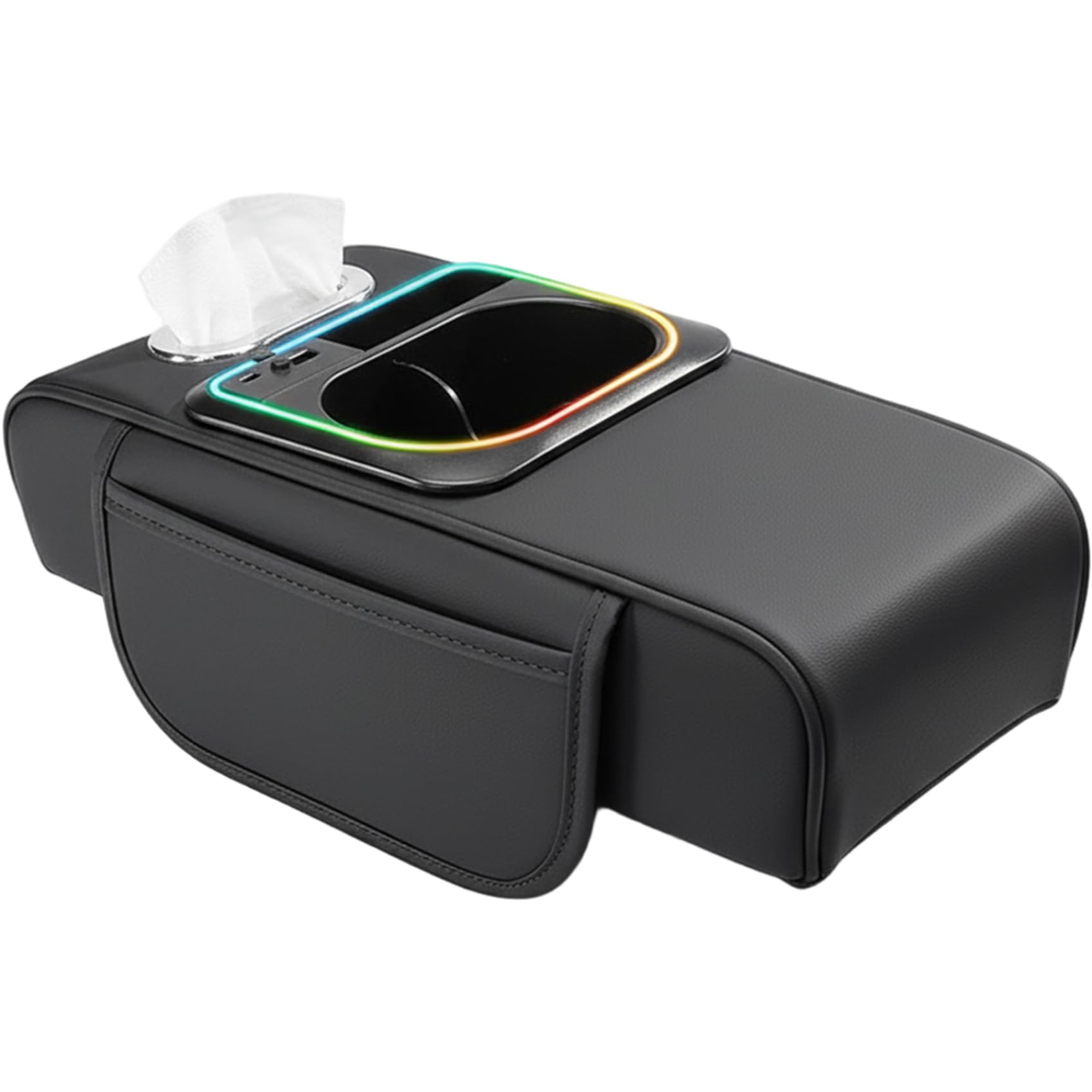 Cojín para reposabrazos de coche, funda de cuero para consola central con bolsas de almacenamiento, ranura para teléfono, puerto de carga, soporte para pañuelos y portavasos para SUV, autocaravana