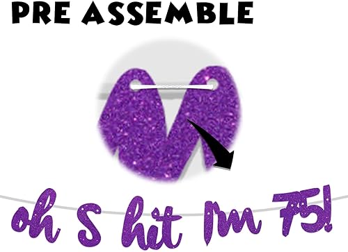 Miniatura 2 de Oh S*it I'm 75! - Pancarta de fondo con purpurina púrpura Hello 75 Cheers to 75 años de edad, decoración temática para niños y niñas, suministros de