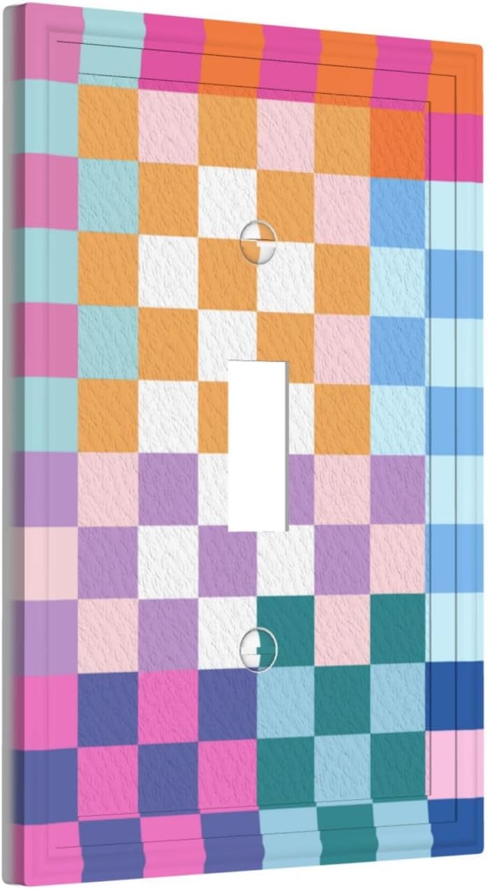 Colorful Retro Checkered Wall Plate Decorative 1 Gang Single Toggle Pretty Rainbow Geometric Light Switch Cover Electrical Receptacle Faceplate for Girls Bedroom Home Bathroom