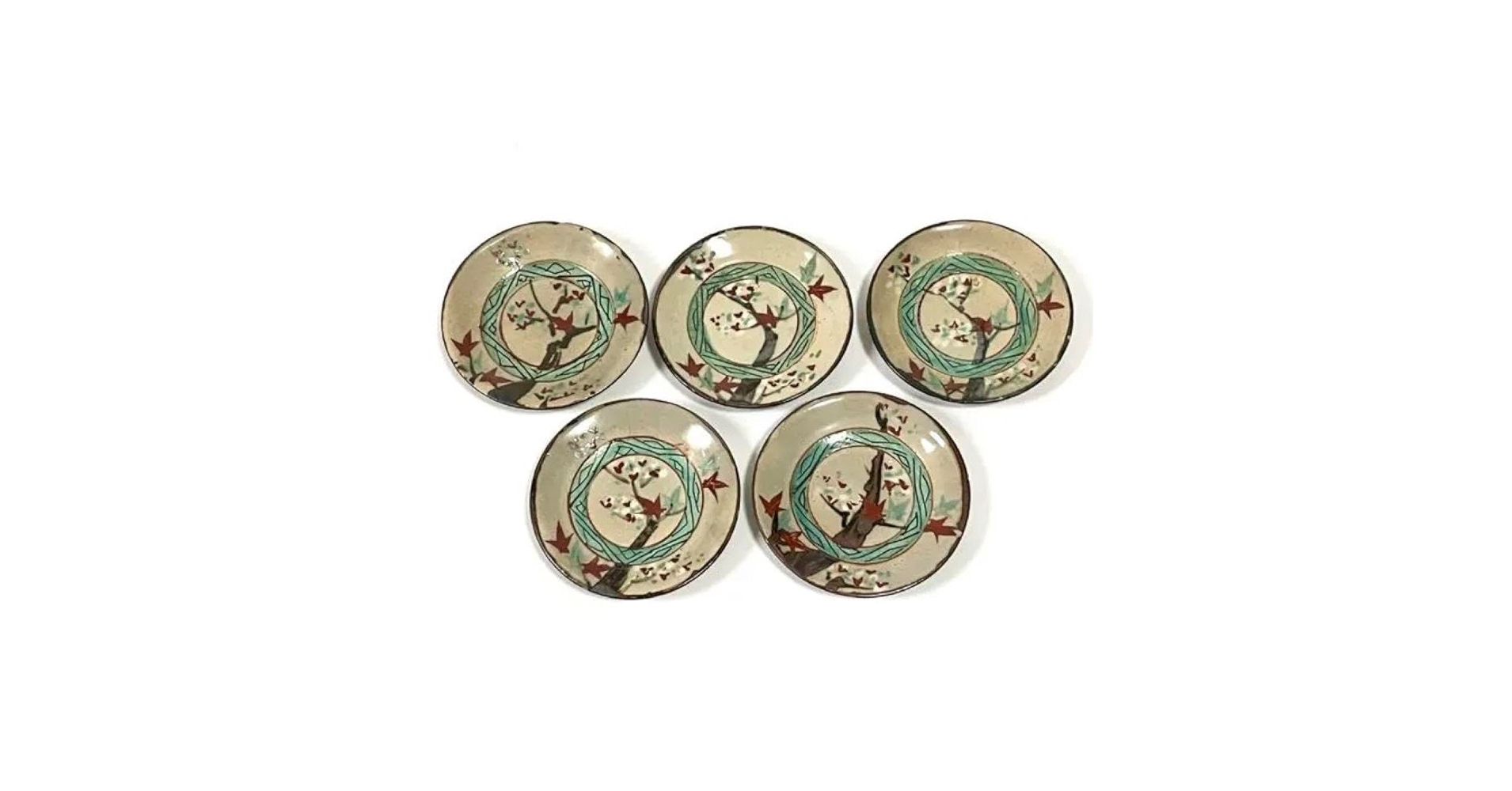 京焼　【崩し文字・楽印】　向付小皿　骨董 京焼 梅花形 槍梅文 枝梅文 豆皿 まめ皿 小皿 梅文 銹絵染付