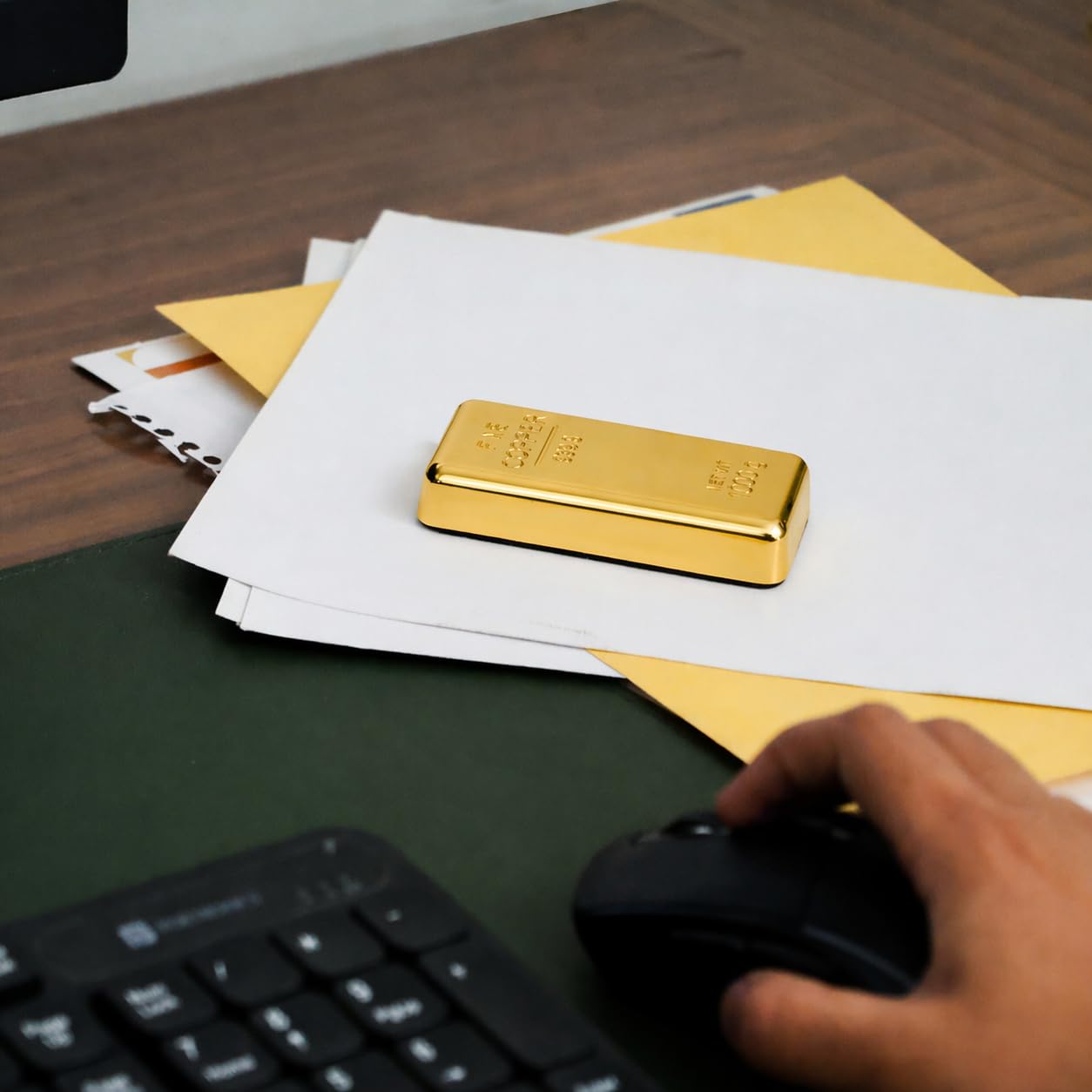ZAHEPA Realistic Metal Gold Bar Paperweight for Office Table, Fake Gold Biscuit Paper Weight Table Decoration, Prop for Jewellery Shop & Heist Theme, Unique Gift for Home & Office (Pack of 1) 1