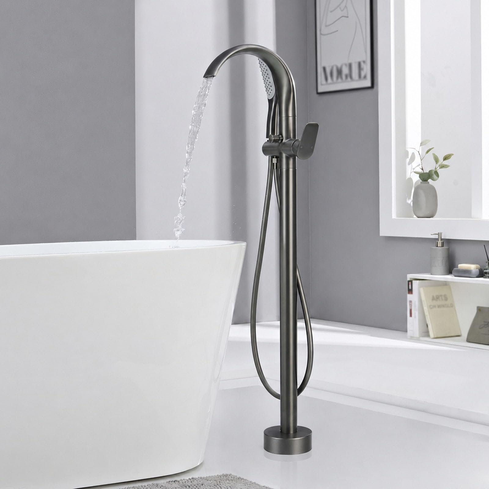 Rubinetto a Cascata per Vasca da Bagno da Terra Collo di Cigno Rubinetto Vasca Freestanding Maniglia Singola,Grigio Canna di Fucile