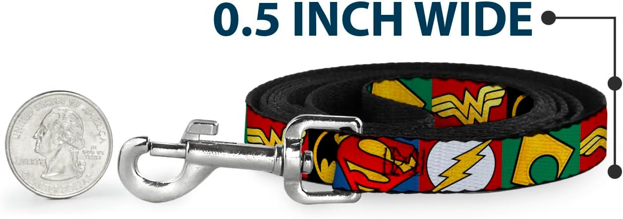 Dog Leash - 6-FEET - Justice League 5-Superhero Textured Logo Close-UP Blocks - Wide 1.5"