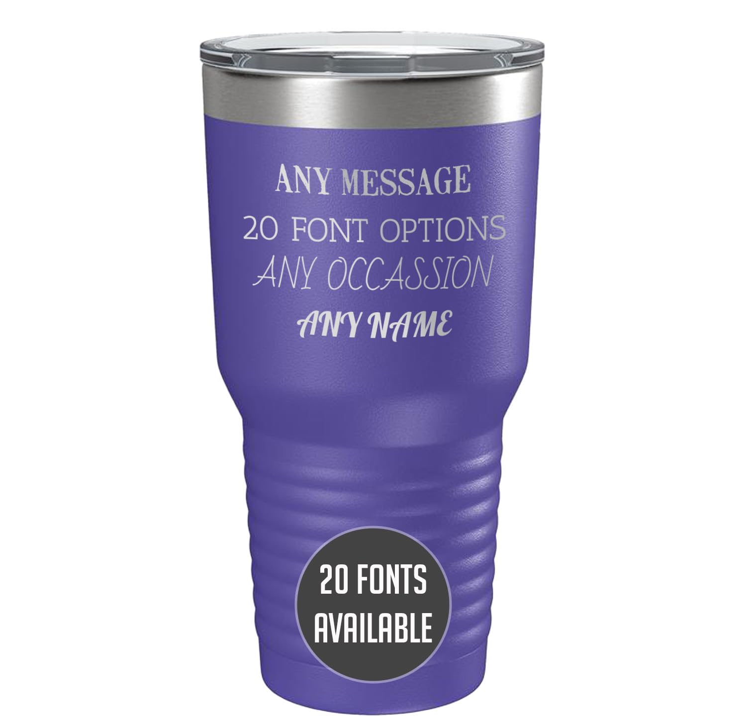 Personalized 30oz (17 Colors) Powder Coated Insulated Stainless Steel Tumbler with Lid, Custom Etched, Customized Text Message Name, Engraved Gift Idea Women Men Him Her, Your Text Here (Purple) Purple/Stainless 30 Ounces