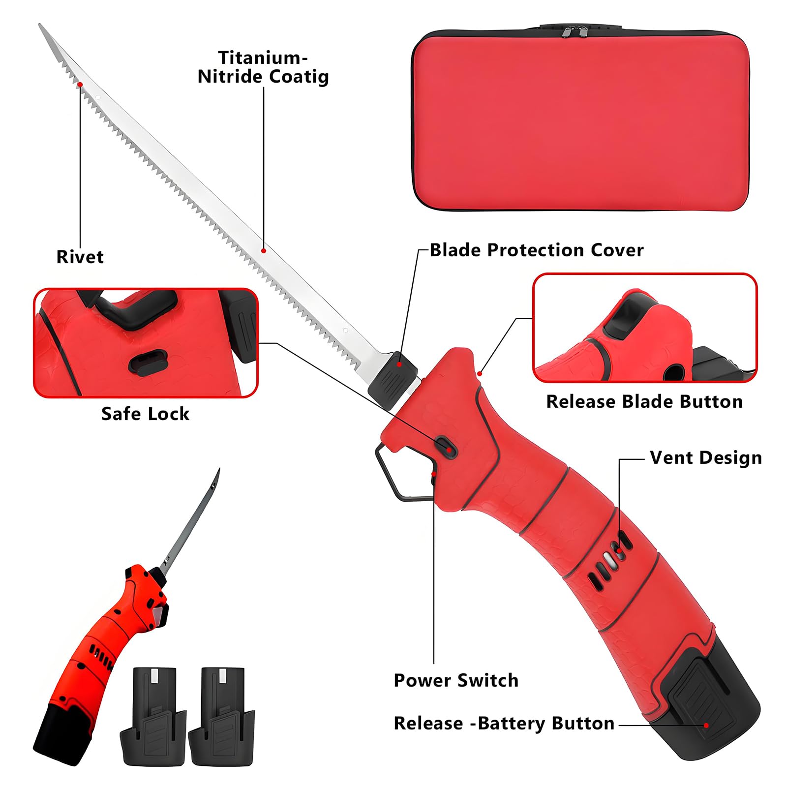 Cuchillo De Filete Eléctrico para Pescado, Cuchillo De Fileteado De Pescado Inalámbrico con 4 Cuchillos De Filete Recíprocos Antiadherentes De Nitruro De Titanio SS