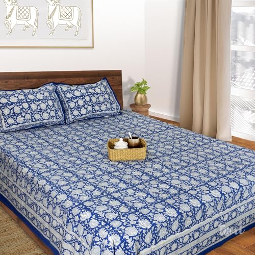Image of TOAI Hand Block Printed Bedsheet | Bed Sheet Flatsheet | Pure Cotton | Double Bed King Size 108 inchx108 inch | 210 TC Bedsheets | Includes 2 Pillow Covers (Blue Night Kalamkari)