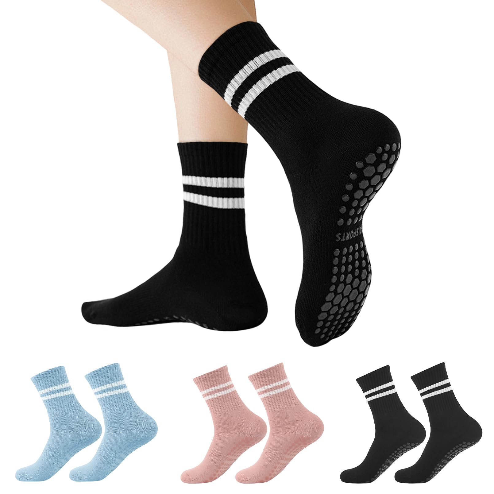 Calzini antiscivolo da donna, per pilates, yoga, 3 paia di calzini antiscivolo per allenamenti di balletto, nero, blu, rosa, Nero/Blu/Rosa, 3 paia, taglia unica