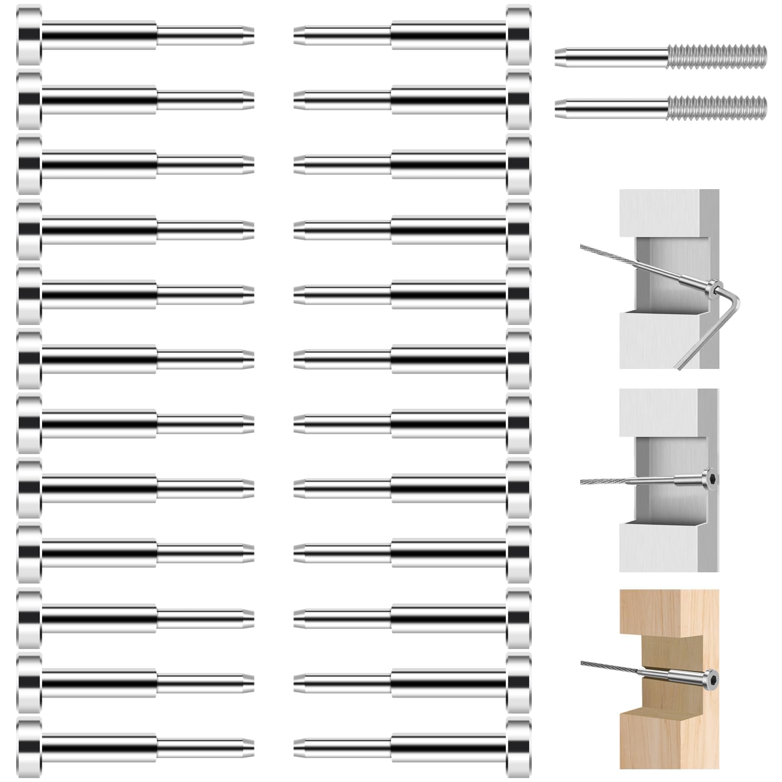 24Pack Invisible Cable Railing Kit, SST316 Swage Tensioner and Terminal Hidden, 1/8' Cable Railing Hardware with Spare Thread Stud for Wood/Level/Stair Post