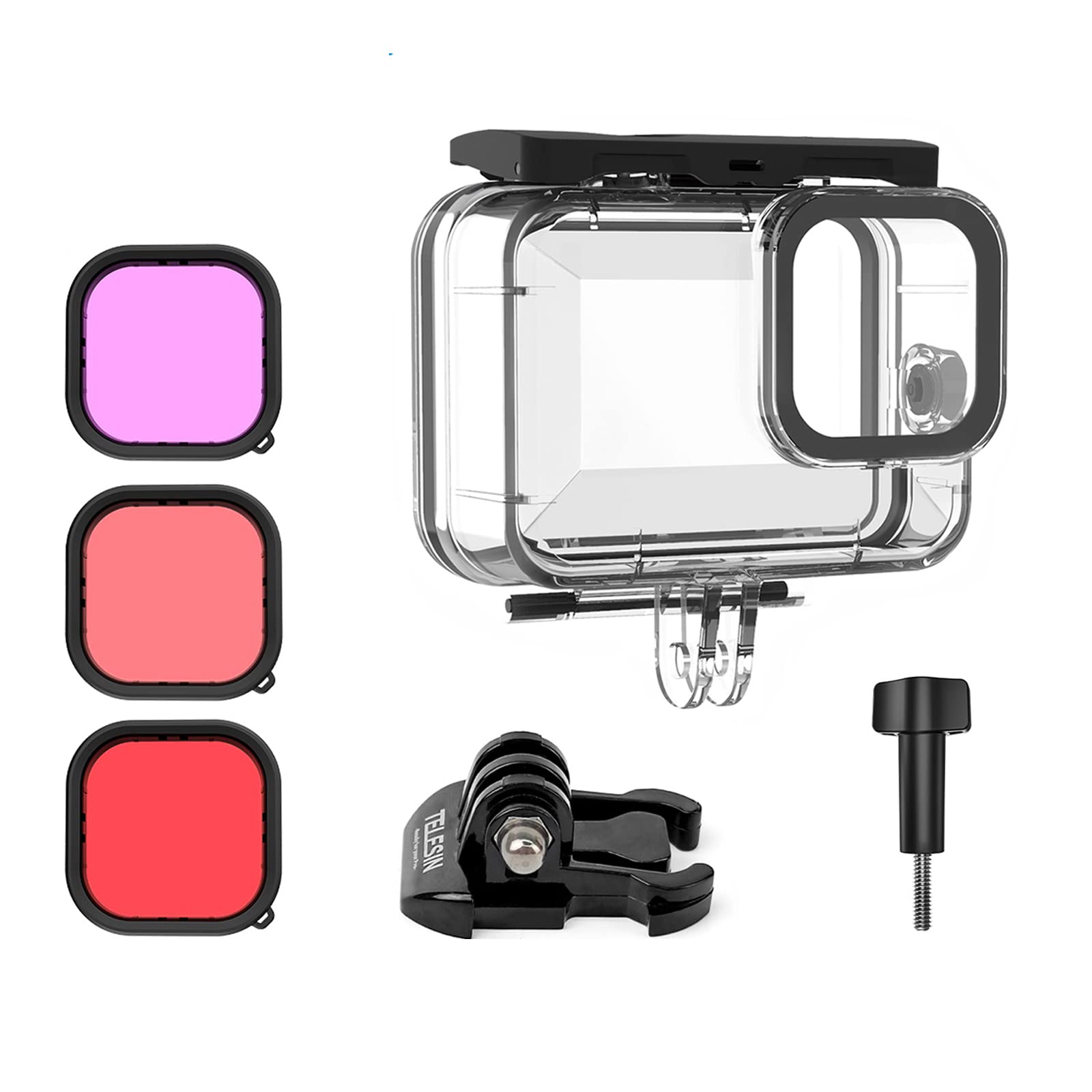 Telesin Waterproof Case with 3-Pack Dive Filter Suitable for GoPro Hero 13 Hero 12 Hero 1110 9 Black Supports 60M/196FT Underwater Scuba Snorkeling Deep Diving with Red Magenta Filter Go Pro