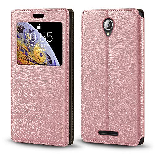 Shantime Sichtfenster-Lederhülle Kompatibel mit Lenovo A5000, Elegantes Design mit Klarsichtanzeige, Unsichtbarem Magnetverschluss & Kartenfach(Roségold)