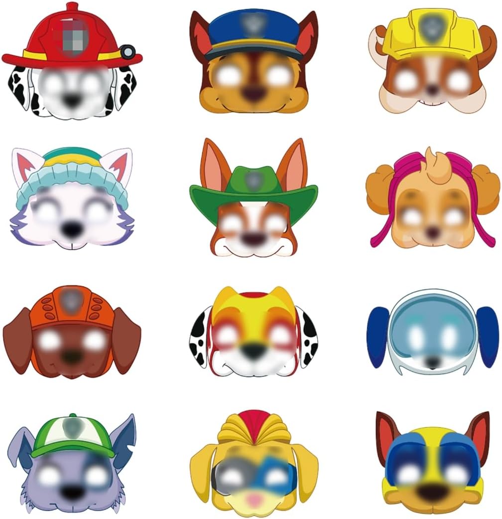 12 Piezas Máscara Paw Dog, Máscara de Cumpleaños Paw Dog, Mascaras de Papel Animales, Mascaras de Fiesta, Fiesta de Cump