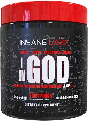 Polvo cargado High Stim con creatina y bitartrato DMEA de Insane Labz I am God previo al entrenamiento, energetizado por AMPiberry, enfoque
