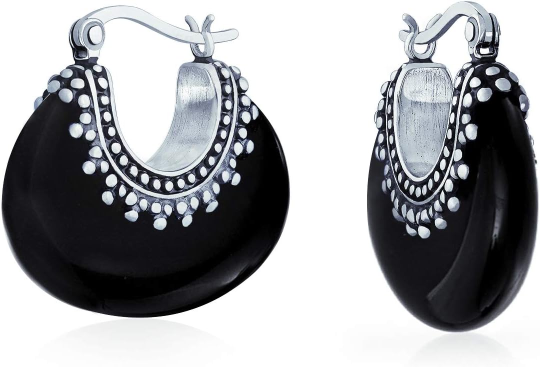 Boho Western Tribal Style .925 Sterling Silver Hoop Earrings for Women with Onyx Turquoise Lapis Lazuli Gemstones Caviar Bead Milgrain Oxidized Half Crescent Design