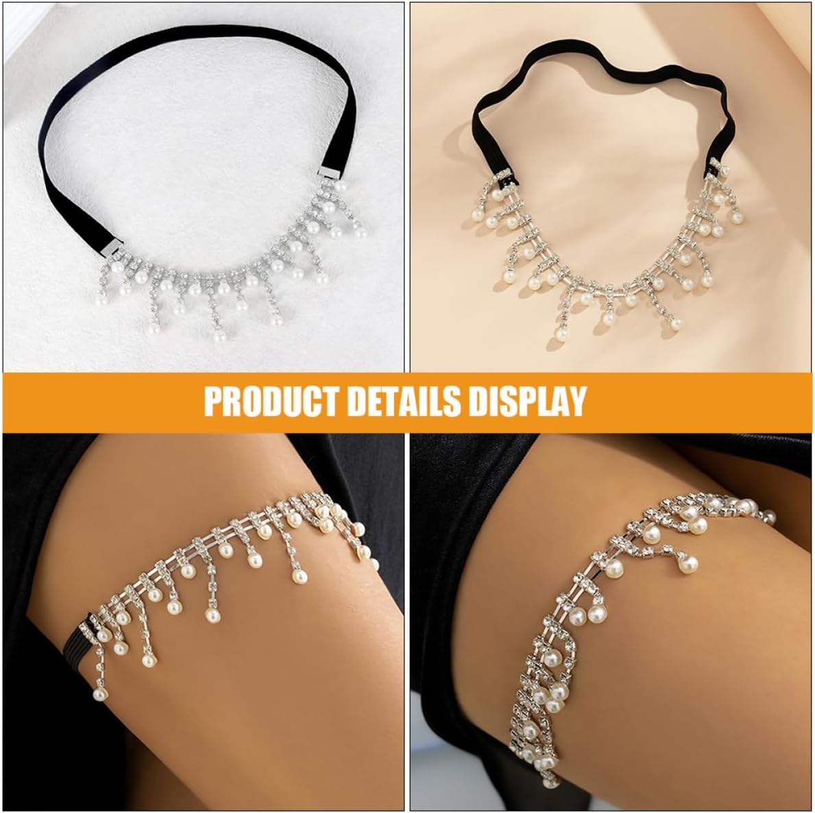 Ciieeo Elastic Body Chain Thigh Jewelry for Women with Rhinestone and Simulated Pearl Tassels, Adjustable Hip Body Jewelry Accessories for Casual and Festival Wear